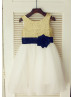 Gold Sequin Ivory Tulle With Navy Blue Flower Sash Knee Length Flower Girl Dress